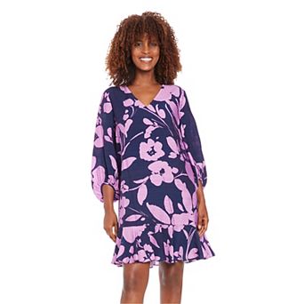 Women's London Times V-Neck Bishop Sleeve Flounce Hem Shift Dress