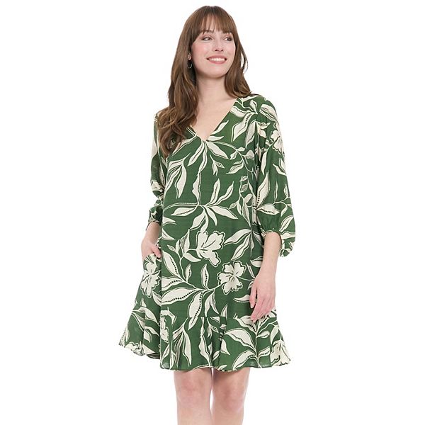 Women's London Times V-Neck Bishop Sleeve Flounce Hem Shift Dress