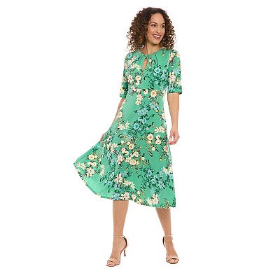 Women's London Times Floral Pleated Keyhole Neck Midi Dress