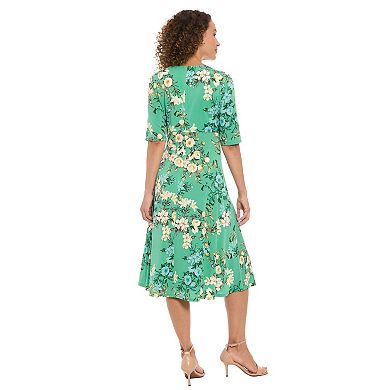 Women's London Times Floral Pleated Keyhole Neck Midi Dress
