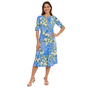 Women's London Times Floral Pleated Keyhole Neck Midi Dress