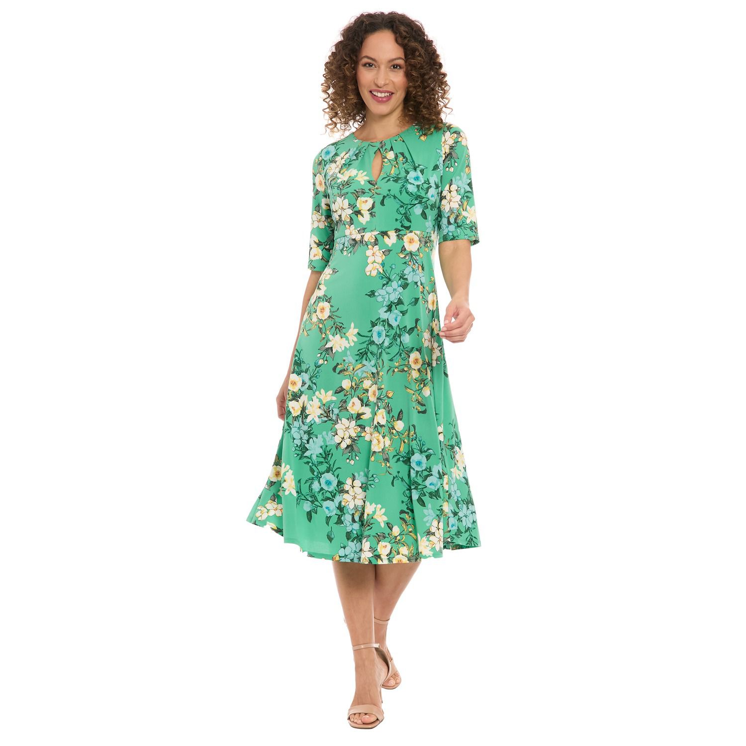 Женское платье London Times Floral Pleated Keyhole Neck Midi, цвет: Тёмно-синий — фото 1