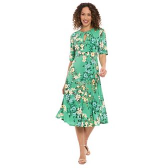 Women's London Times Floral Pleated Keyhole Neck Midi Dress