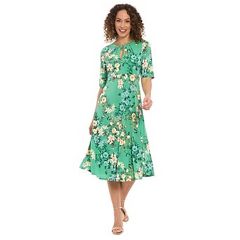 Women's London Times Floral Pleated Keyhole Neck Midi Dress