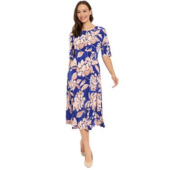 Women's London Times Floral Pleated Keyhole Neck Midi Dress