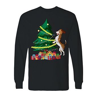 Men's Christmas Tree Dog Long Sleeve Graphic Tee