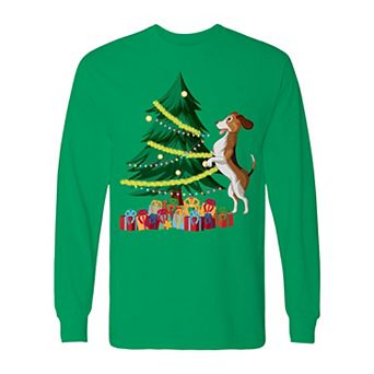 Men's Christmas Tree Dog Long Sleeve Graphic Tee