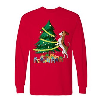 Men's Christmas Tree Dog Long Sleeve Graphic Tee