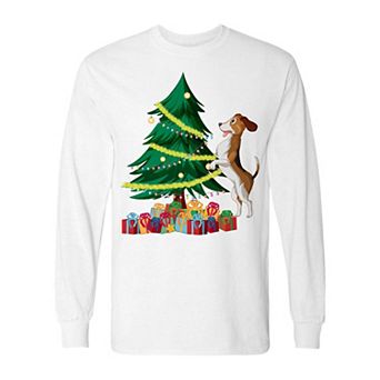 Men's Christmas Tree Dog Long Sleeve Graphic Tee