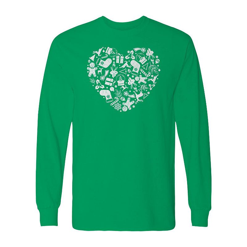 Men's Christmas Heart Long Sleeve Graphic Tee, Size: Large, Irish Green