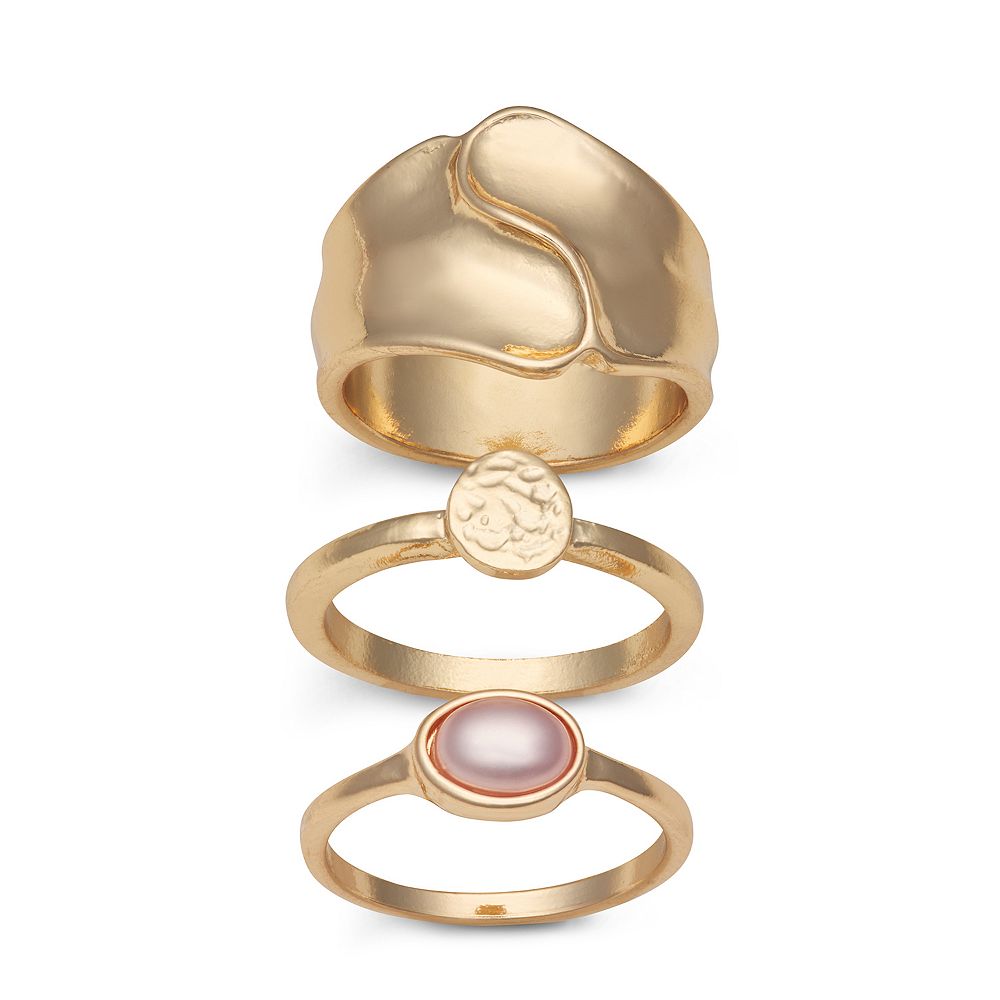 Emberly 3-Piece Gold Tone and Simulated Pearl Chunky Rings Set