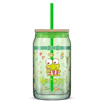 JoyJolt Hello Kitty® and Friends Favorite Flavor Can-Shaped Glass Tumbler with Bamboo Lid and Straw - Keroppi