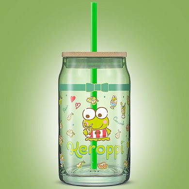 JoyJolt Hello Kitty® and Friends Favorite Flavor Can-Shaped Glass Tumbler with Bamboo Lid and Straw - Keroppi