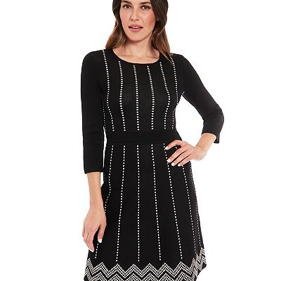 Women's London Times Three-Quarter Sleeve Jewel Neck Striped Fit & Flare  Sweater Dress