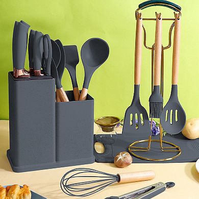 QuickBite Premium 19-Piece Cooking Utensils and Knife Block Set with Mini Cutting Board