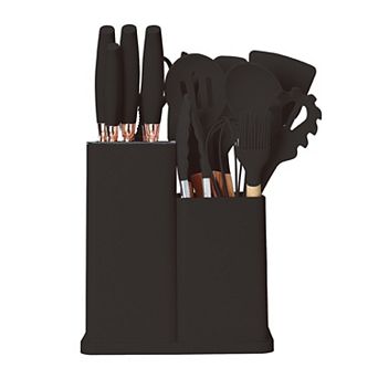 QuickBite Premium 19 pc Cooking Utensils and Knife Block Set with Mini Cutting Board