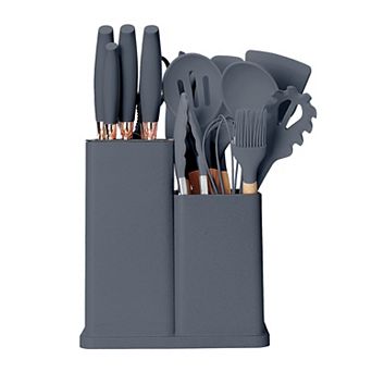 QuickBite Premium 19 pc Cooking Utensils and Knife Block Set with Mini Cutting Board
