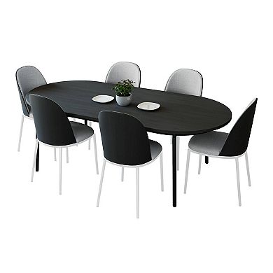 Leisuremod Tule 7-piece Dining Set In White Steel With 6 Upholstered Seat Chairs And 71" Oval Table