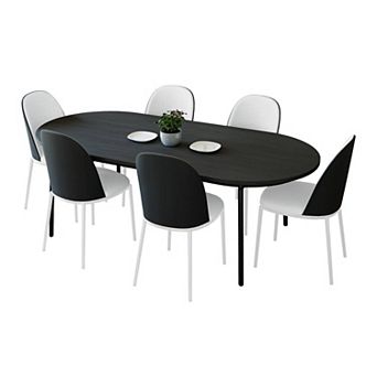 Leisuremod Tule 7 pc Dining Set In White Steel With 6 Upholstered Seat Chairs And 71" Oval Table