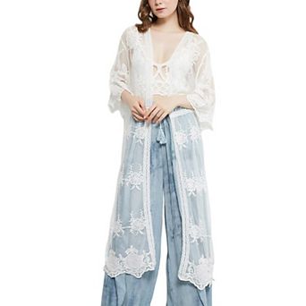 Women's Long Floral Lace Embroidered Kimono