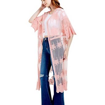 Women's Long Floral Lace Embroidered Kimono