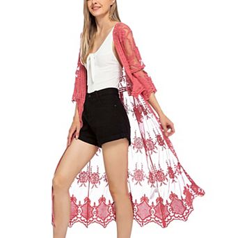 Women's Long Floral Lace Embroidered Kimono