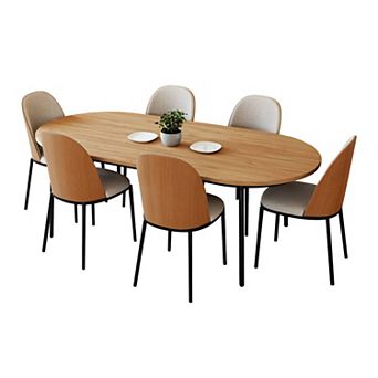Leisuremod Tule 7 pc Dining Set In Steel With 6 Upholstered Seat Chairs And 71" Oval Table