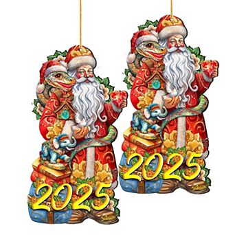 Set Of 2 - 2025 Special: Santa With The Snake Wooden Christmas Ornaments By G. Debrekht