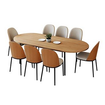 Leisuremod Tule 9 pc Dining Set In Steel With 8 Upholstered Seat Chairs And 83" Oval Table