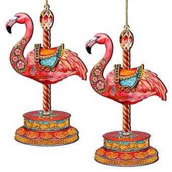 Set Of 2 - Pink Flamingo Carousel Christmas Wooden Christmas Ornaments By G. Debrekht