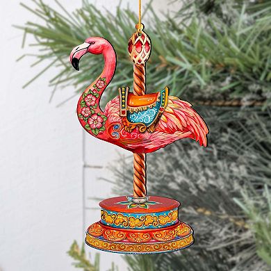 Set Of 2 - Pink Flamingo Carousel Christmas Wooden Christmas Ornaments By G. Debrekht