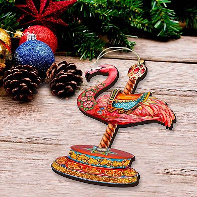 Set Of 2 - Pink Flamingo Carousel Christmas Wooden Christmas Ornaments By G. Debrekht