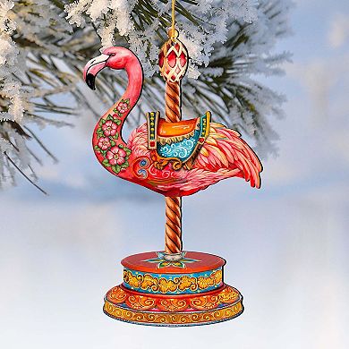 Set Of 2 - Pink Flamingo Carousel Christmas Wooden Christmas Ornaments By G. Debrekht