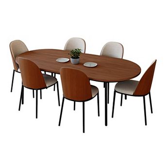 Leisuremod Tule 7 pc Dining Set In Steel With 6 Upholstered Seat Chairs And 71" Oval Table