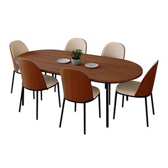Leisuremod Tule 7 pc Dining Set In Steel With 6 Upholstered Seat Chairs And 71" Oval Table