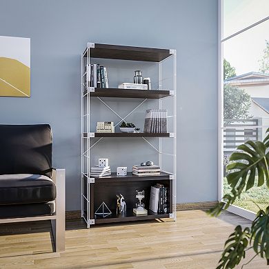 Leisuremod Brentwood Bookcase With White Powder Coated Steel Frame And Melamine Board Shelves
