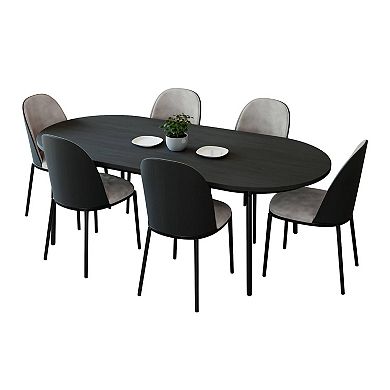 Leisuremod Tule 7-piece Dining Set In Steel With 6 Upholstered Seat Chairs And 71" Oval Table