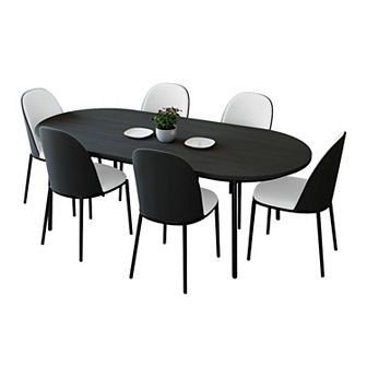 Leisuremod Tule 7 pc Dining Set In Steel With 6 Upholstered Seat Chairs And 71" Oval Table