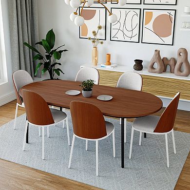 Leisuremod Tule 7-piece Dining Set In White Steel With 6 Upholstered Seat Chairs And 71" Oval Table
