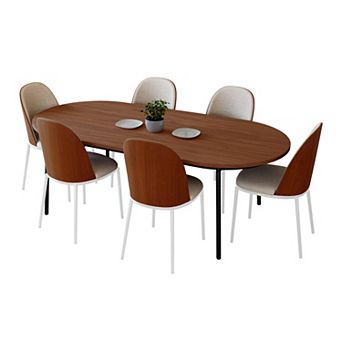 Leisuremod Tule 7 pc Dining Set In White Steel With 6 Upholstered Seat Chairs And 71" Oval Table