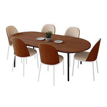 Leisuremod Tule 7 pc Dining Set In White Steel With 6 Upholstered Seat Chairs And 71" Oval Table