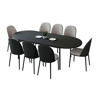 Leisuremod Tule 9 pc Dining Set In Steel With 8 Upholstered Seat Chairs And 83" Oval Table