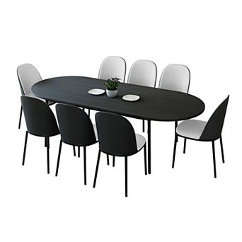 Leisuremod Tule 9 pc Dining Set In Steel With 8 Upholstered Seat Chairs And 83" Oval Table