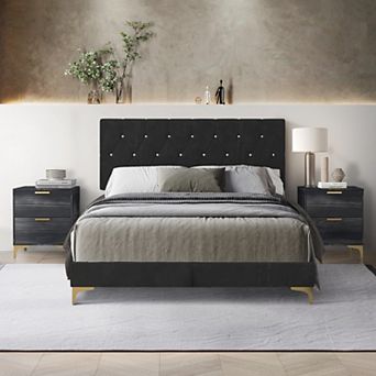 Elegance Twin Size Upholstered Bed With 2 Nightstands In Black Velvet