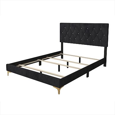 Elegance Twin Size Upholstered Bed With 2 Nightstands In Black Velvet