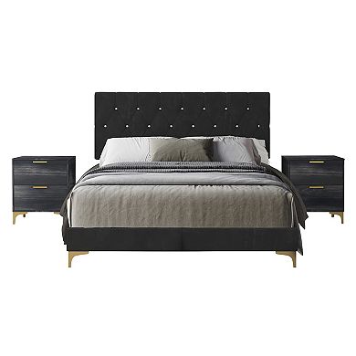 Elegance Twin Size Upholstered Bed With 2 Nightstands In Black Velvet