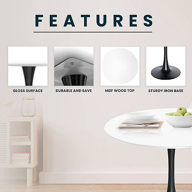 Leisuremod Bristol Modern Round Dining Table With Wood Top And Iron Pedestal Base With Gloss Finish