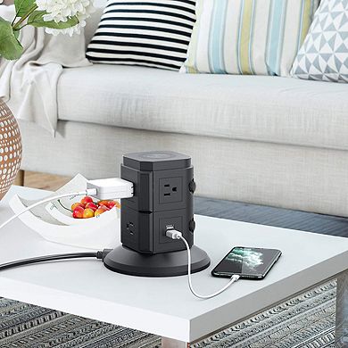 ZTECH Power Strip Tower with Wireless Charger - 6 Outlets, 4 USB Ports, 6ft Cable