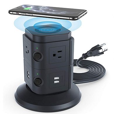 ZTECH Power Strip Tower with Wireless Charger - 6 Outlets, 4 USB Ports, 6ft Cable