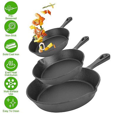 3Pcs Cast Iron Skillet Set Pre-Seasoned 6/8/10in Non-Stick Oven Safe Frying Pans for Cooking